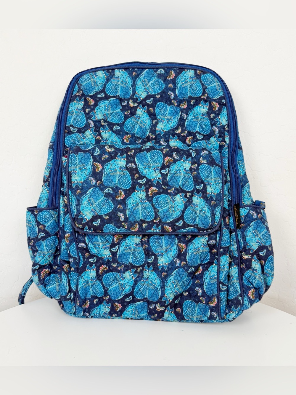 Vintage Laurel Burch Blue Indigo Cat Quilted Backpack